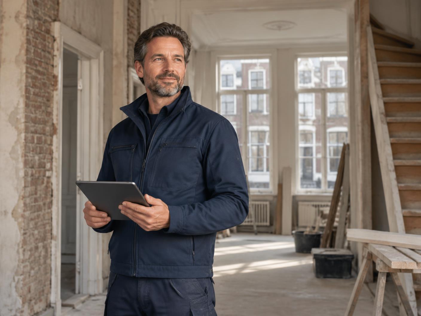 Aannemer bekijkt een offerte op een tablet in een woning in verbouwing